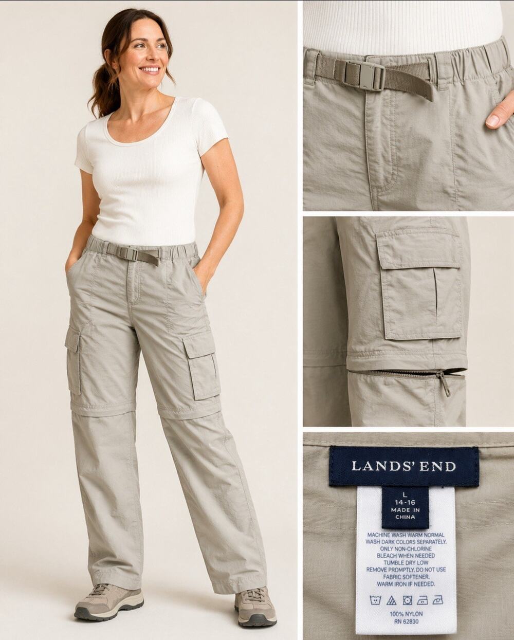Gorpcore Lands' End Women's Convertible Cargo Pants Size L Khaki Utility